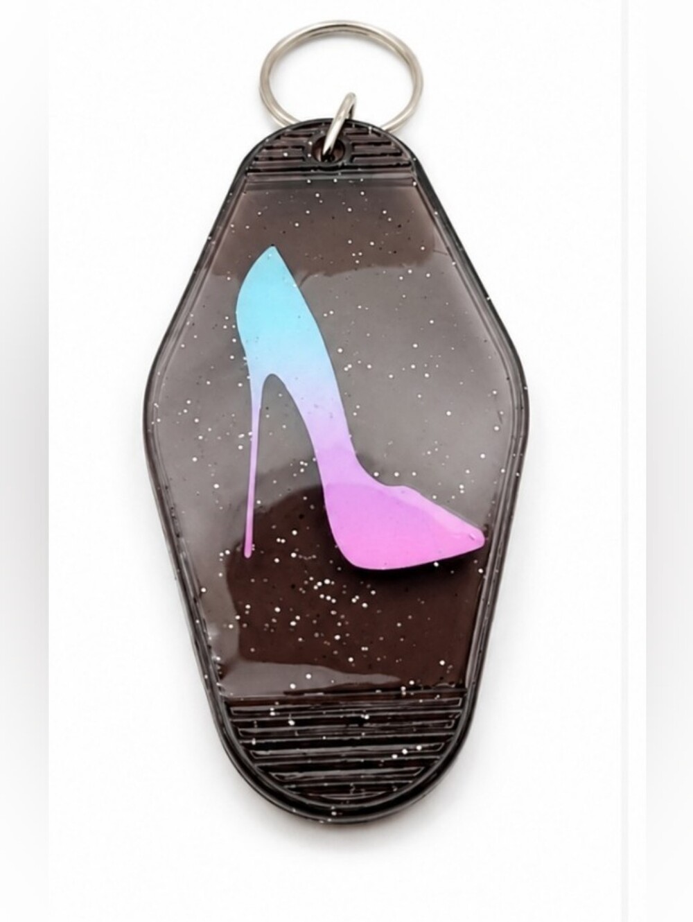 Handmade Retro Motel Keychain Black Glitter UV Resin Pastel Rainbow Heel Pump